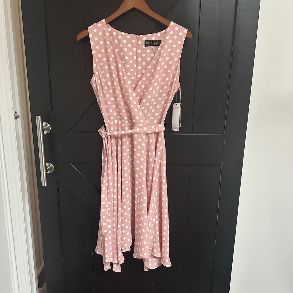 NWT DN Design Pink Polka Dot Wrap Dress Size 6 Cottagecore Coquette Midi